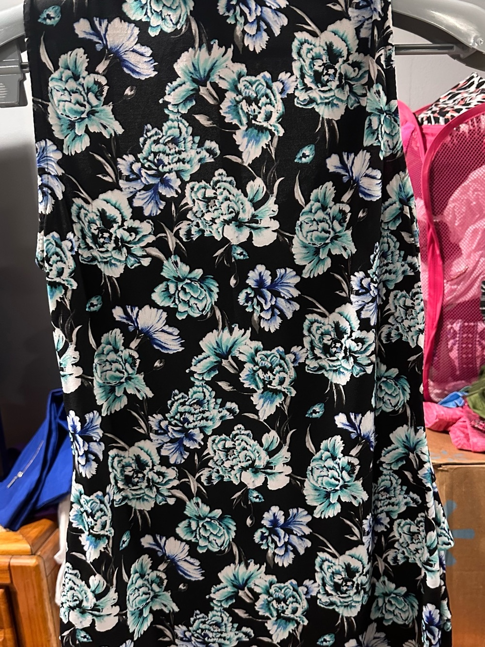 White House Black Market Black Top with Teal and Blue Floral Print - Picture 2 of 4